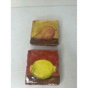 Vintage Set of 2 Ceramic Wall Tiles Coasters Fruits Xenia Taler Design Signed